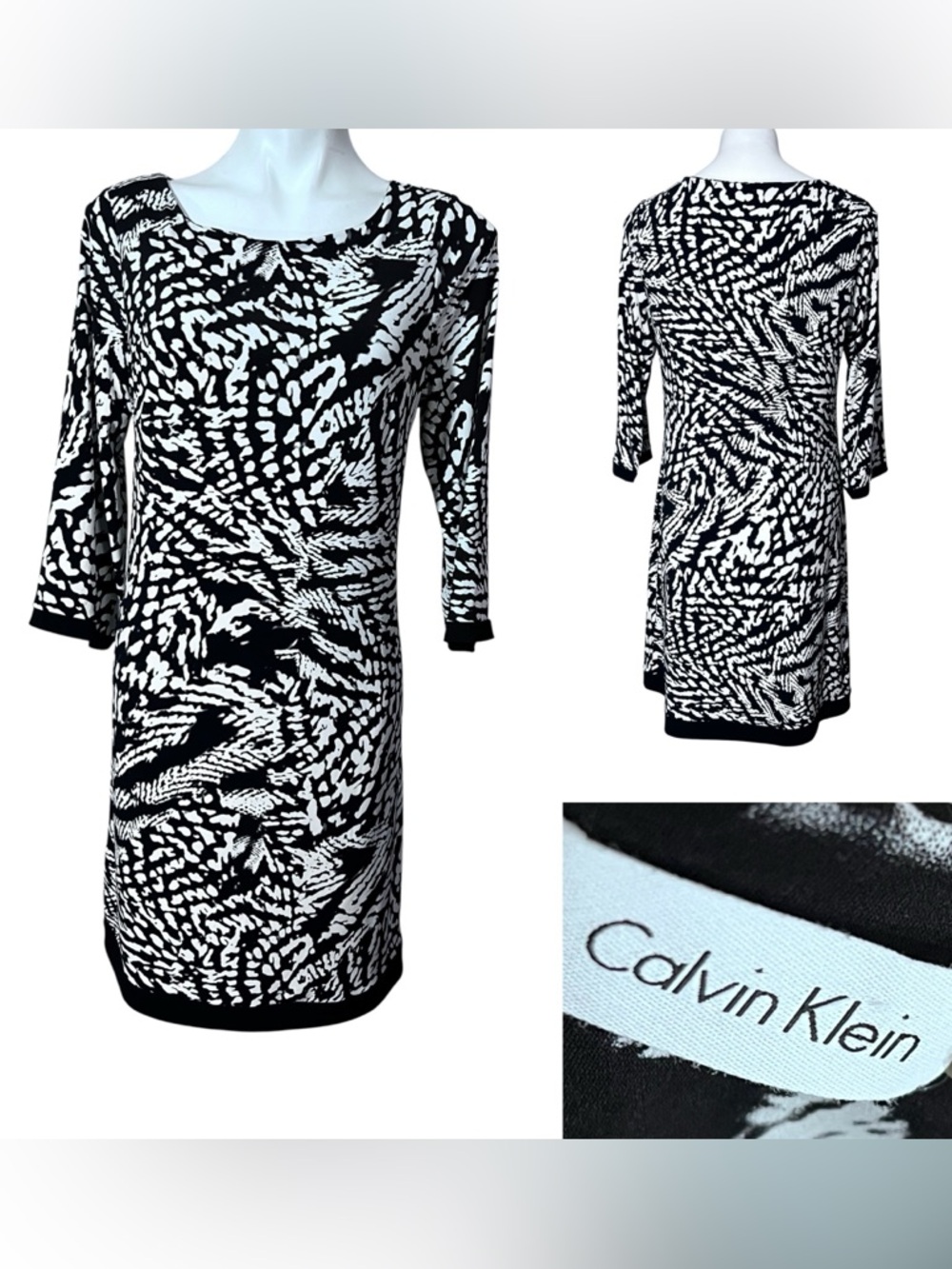 Calvin Klein‎ dress sz 10 Black/White Abstract Print Sheath office church summer